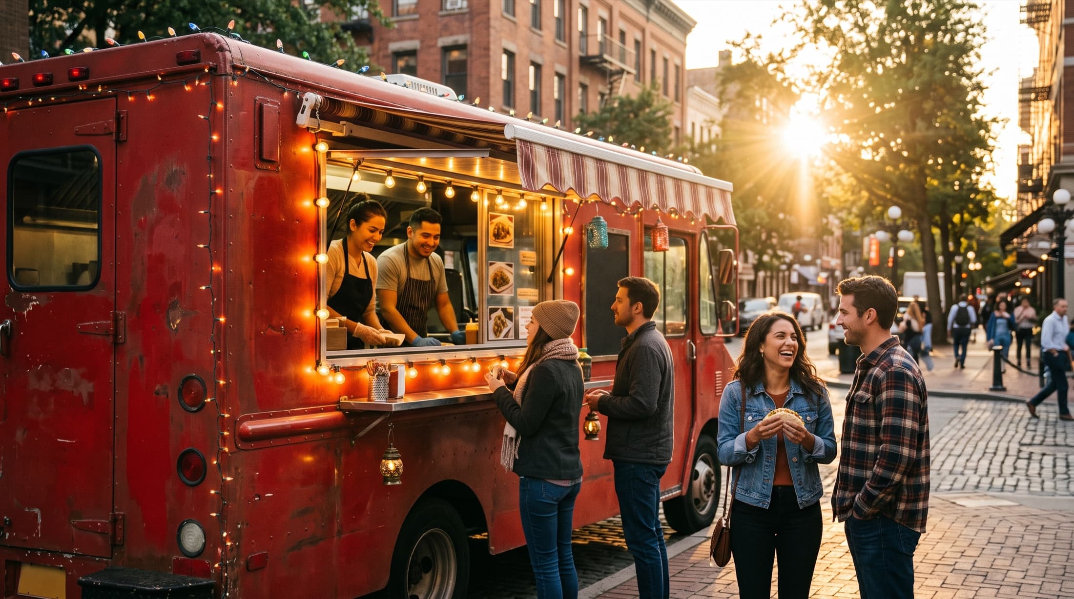 A red taco truck glowing under string lights at golden hour