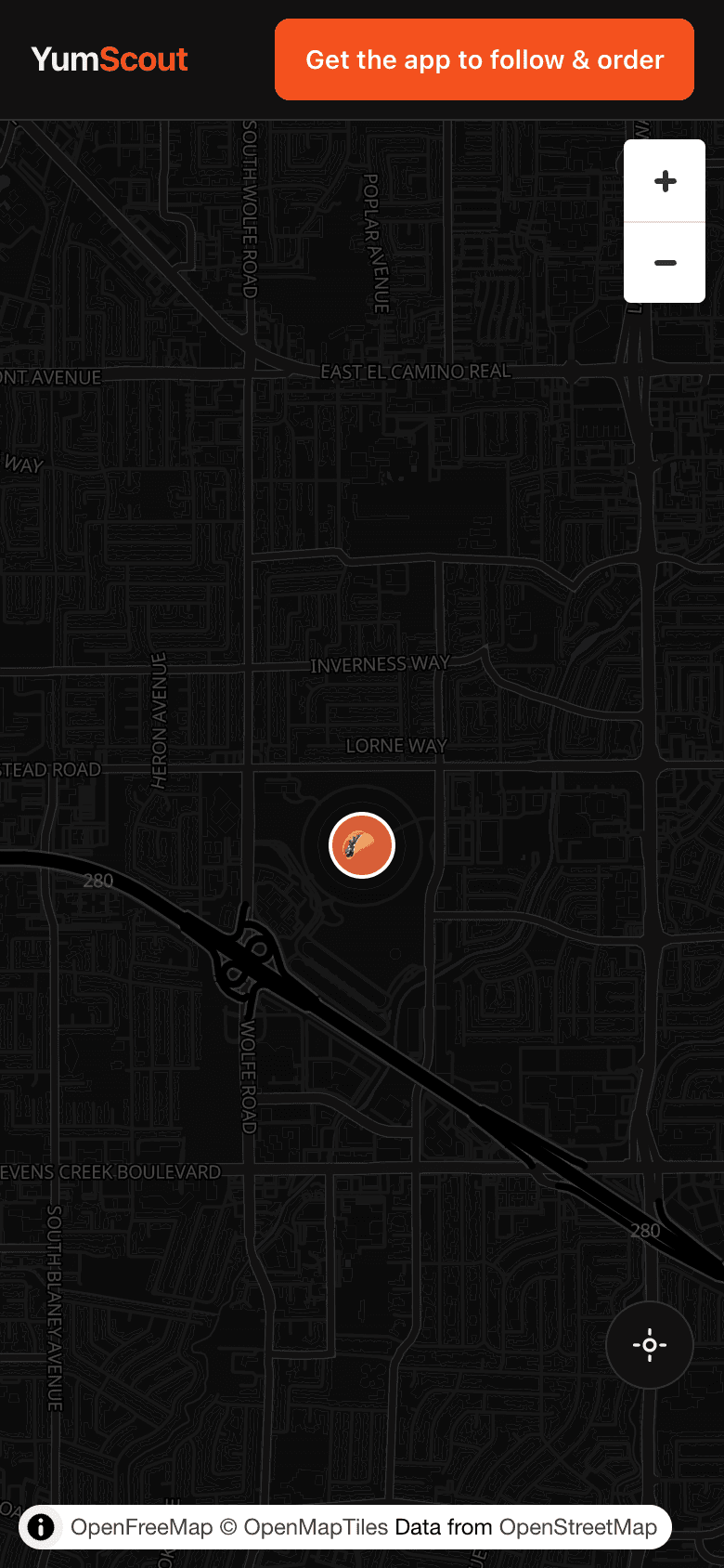 The YumScout live map with a vendor pin
