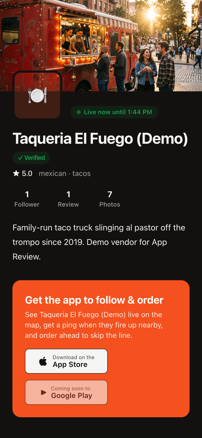 A vendor's page on YumScout, with their menu and a follow button